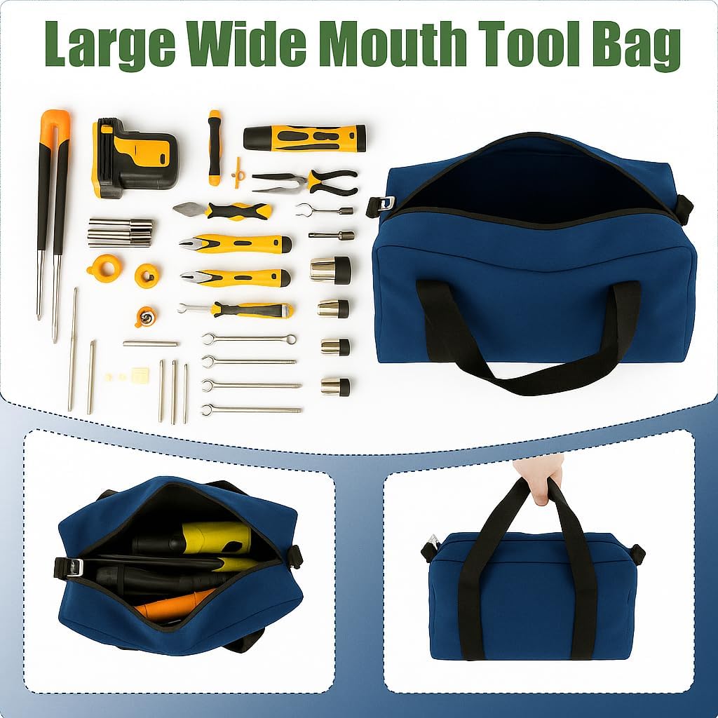 Small Tool Bag,Close Top Wide Mouth Tool Organizer Bag,Large Capacity Tool Bags for Men,Canvas Tool Storage Bag for Storage Handbag for Screwdrivers,Wrench,Pliers Hand Tools (Royal Blue, 20 Inch)